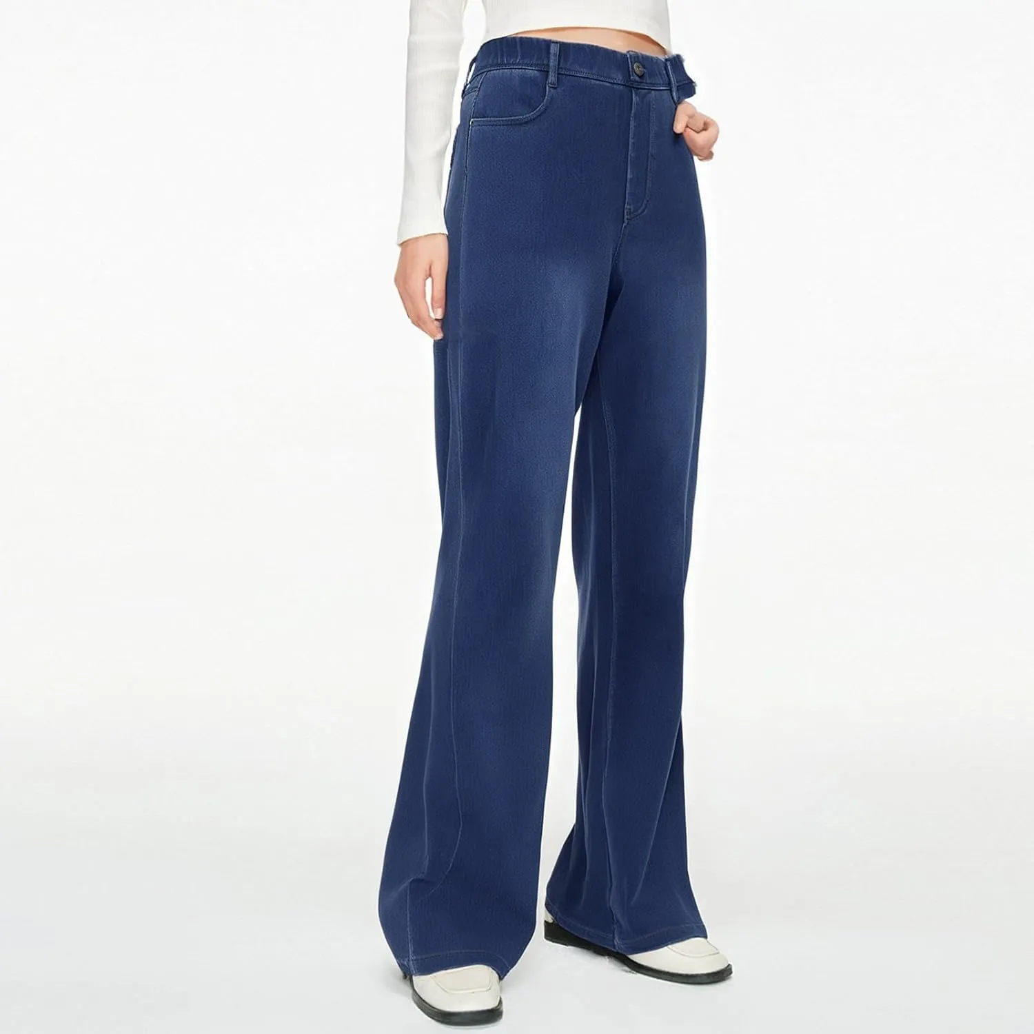 Women's Jeans Dressy Straight Loose Wide Leg Jeans Petite Summer Elastic Waist Soft Denim Pants with Pockets