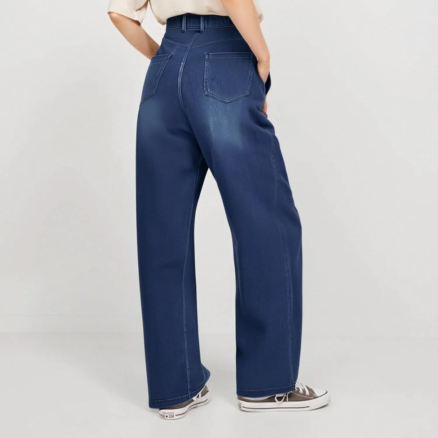 Women's Jeans Dressy Straight Loose Wide Leg Jeans Petite Summer Elastic Waist Soft Denim Pants with Pockets