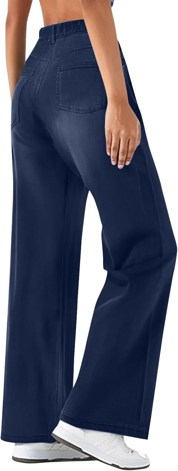 Women's Jeans Dressy Straight Loose Wide Leg Jeans Petite Summer Elastic Waist Soft Denim Pants with Pockets
