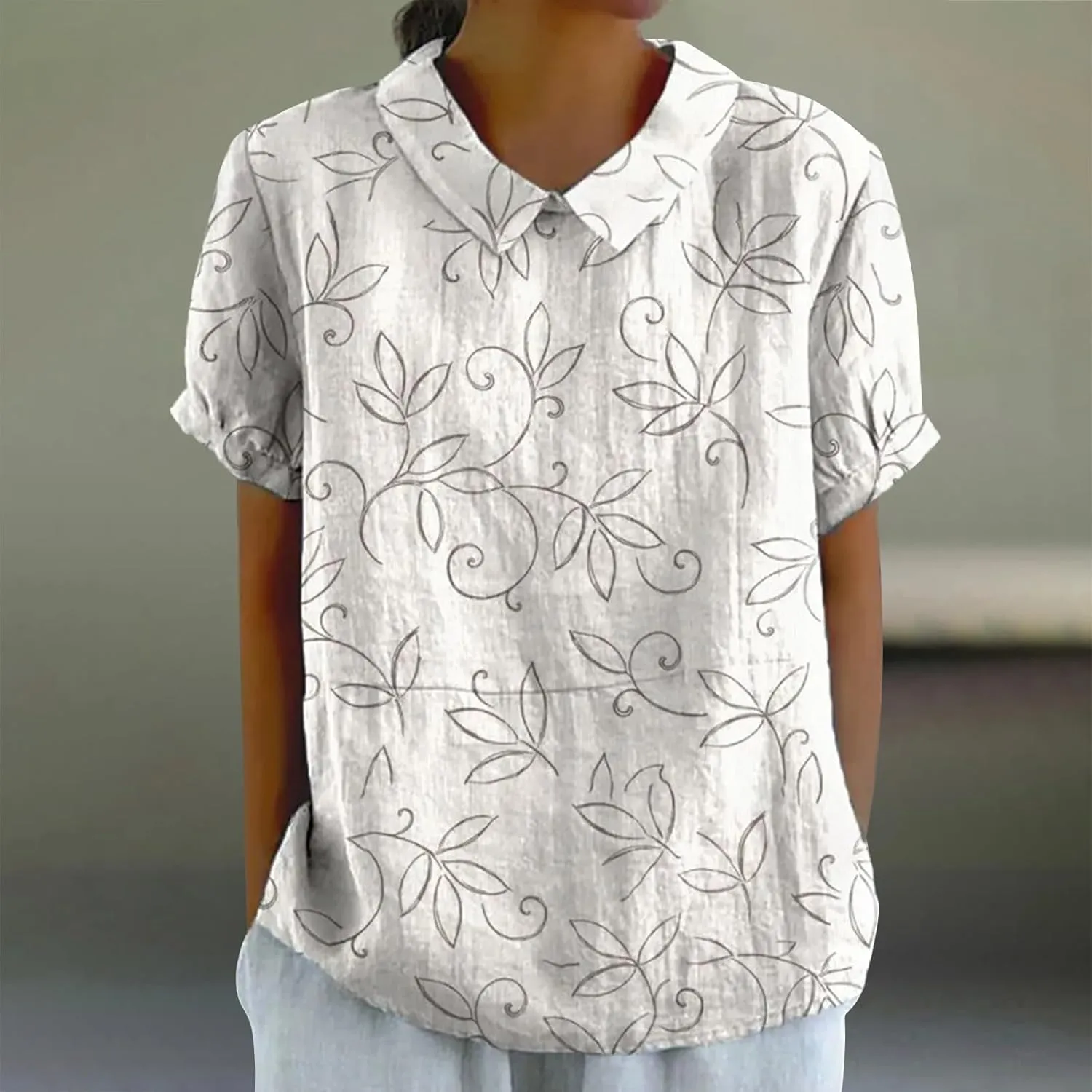 Women's Linen Shirts Floral Printed Summer Boho Tops Cotton Blouse Lapel Neck Short Sleeve Daily Wear Tunic Tee Tops
