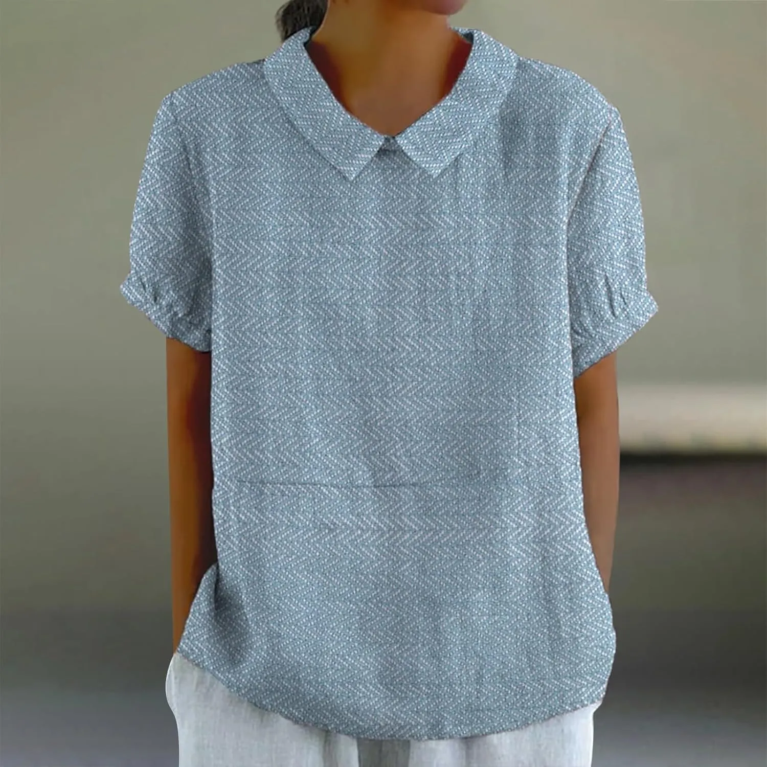 Women's Linen Shirts Floral Printed Summer Boho Tops Cotton Blouse Lapel Neck Short Sleeve Daily Wear Tunic Tee Tops