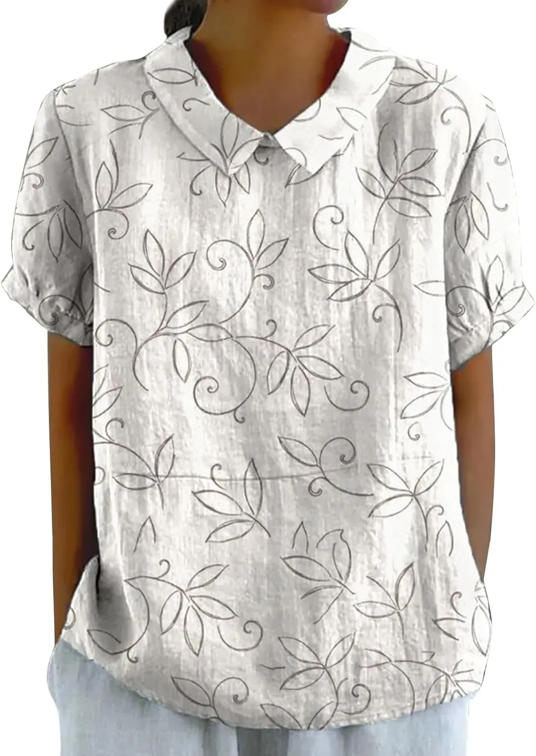 Women's Linen Shirts Floral Printed Summer Boho Tops Cotton Blouse Lapel Neck Short Sleeve Daily Wear Tunic Tee Tops