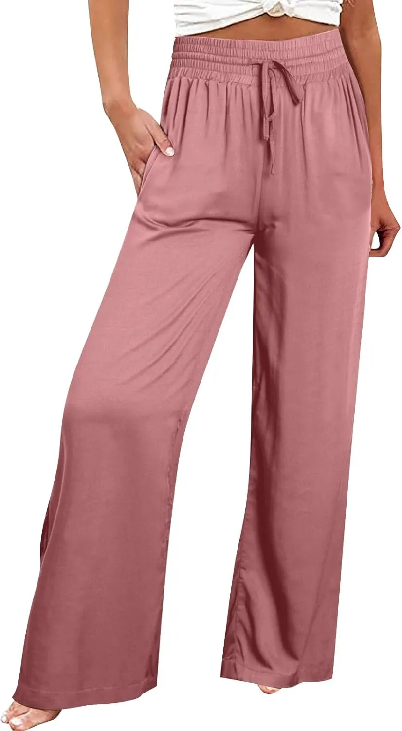 Women's Wide Leg Lounge Pants Summer High Waist Drawstring Loose Light Weight Fit Casual Trousers Comfy Palazzo Pants 2024