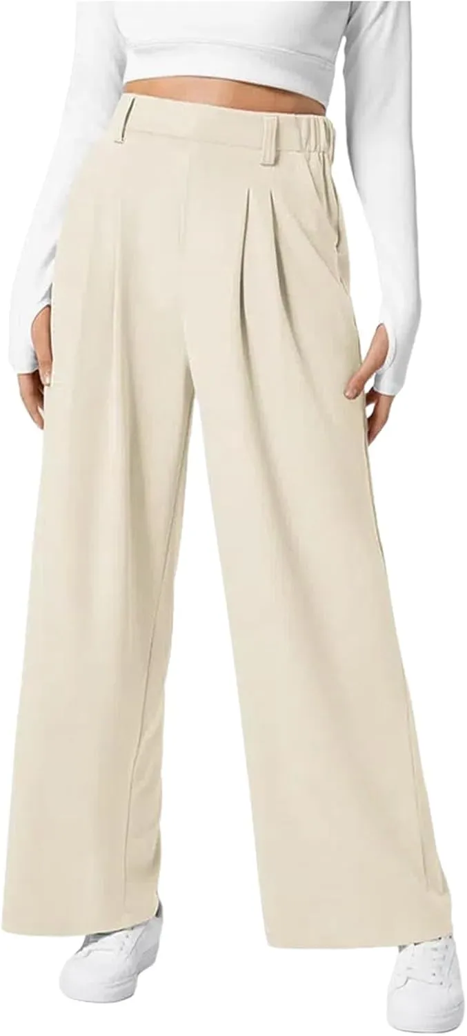 Work Pants Women 2025 Fashion High Waisted Wide Leg Dress Pants Comfy Straight Leg Office Pant Light Pleated Trouser