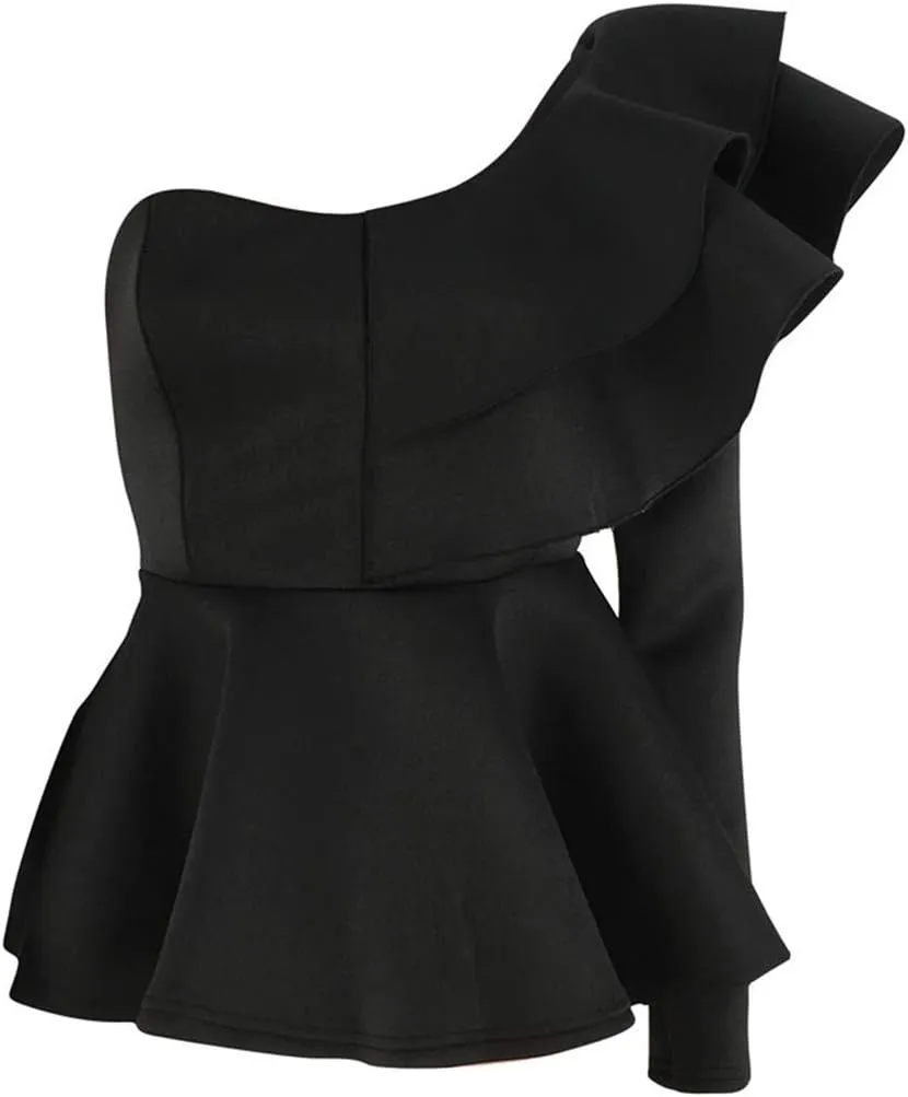 xxxiticat Women's Chic Ruffle Trim High Class Shirt Tops Tube Top Long Sleeve Peplum Bodycon Slim Fit One Shoulder Blouse