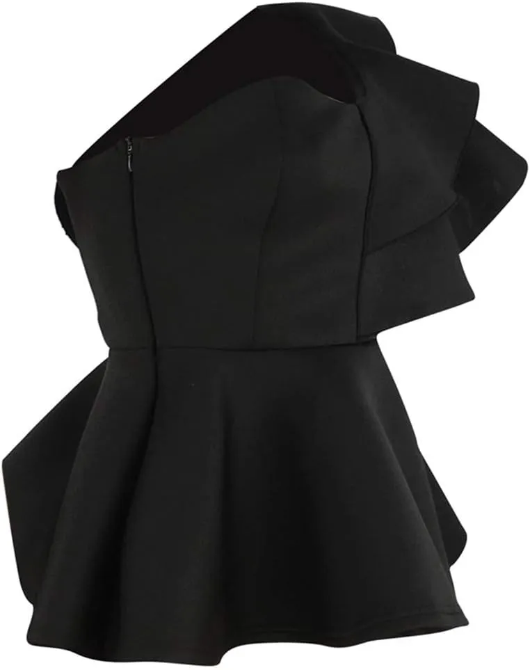 xxxiticat Women's Chic Ruffle Trim High Class Shirt Tops Tube Top Long Sleeve Peplum Bodycon Slim Fit One Shoulder Blouse