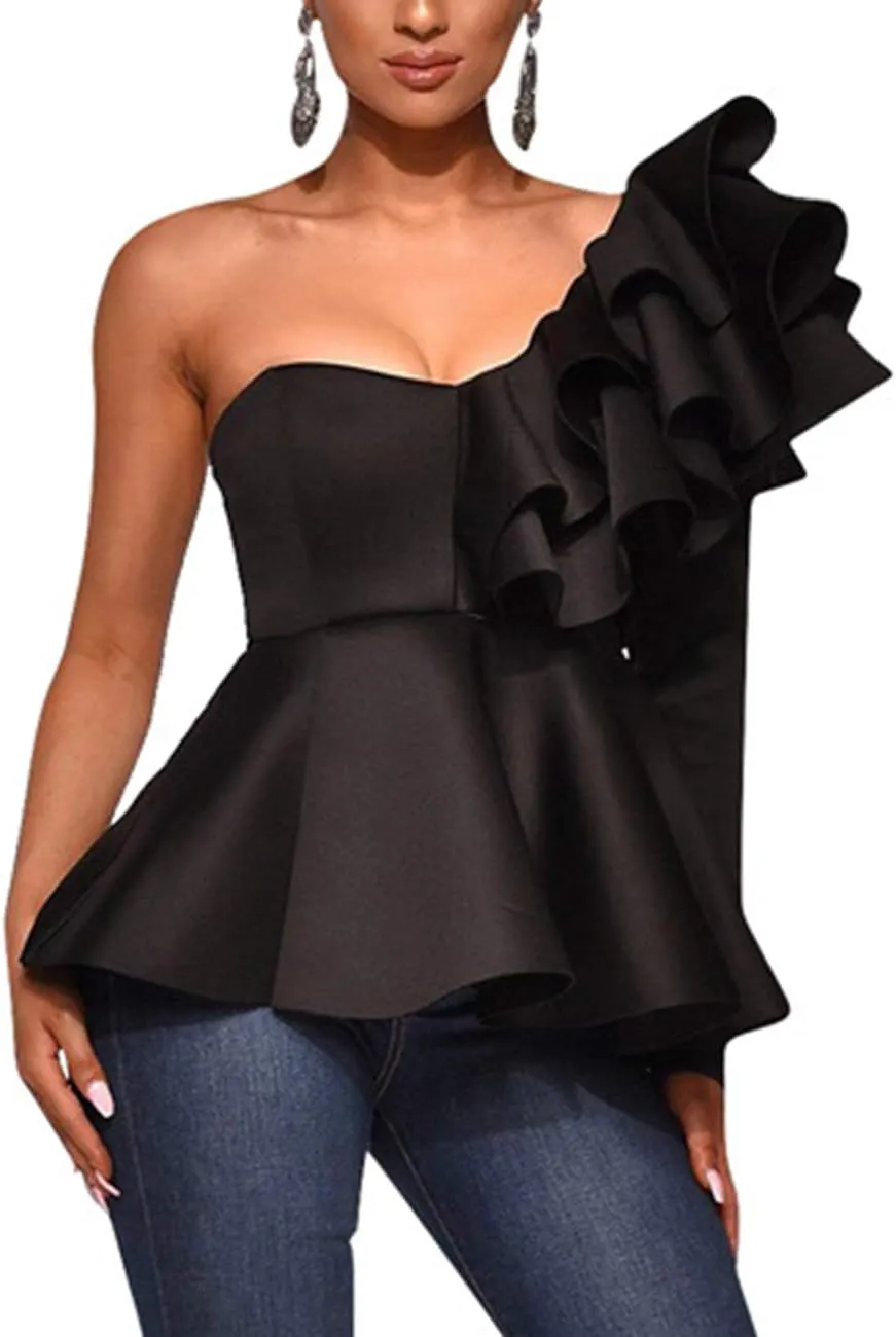 xxxiticat Women's Chic Ruffle Trim High Class Shirt Tops Tube Top Long Sleeve Peplum Bodycon Slim Fit One Shoulder Blouse