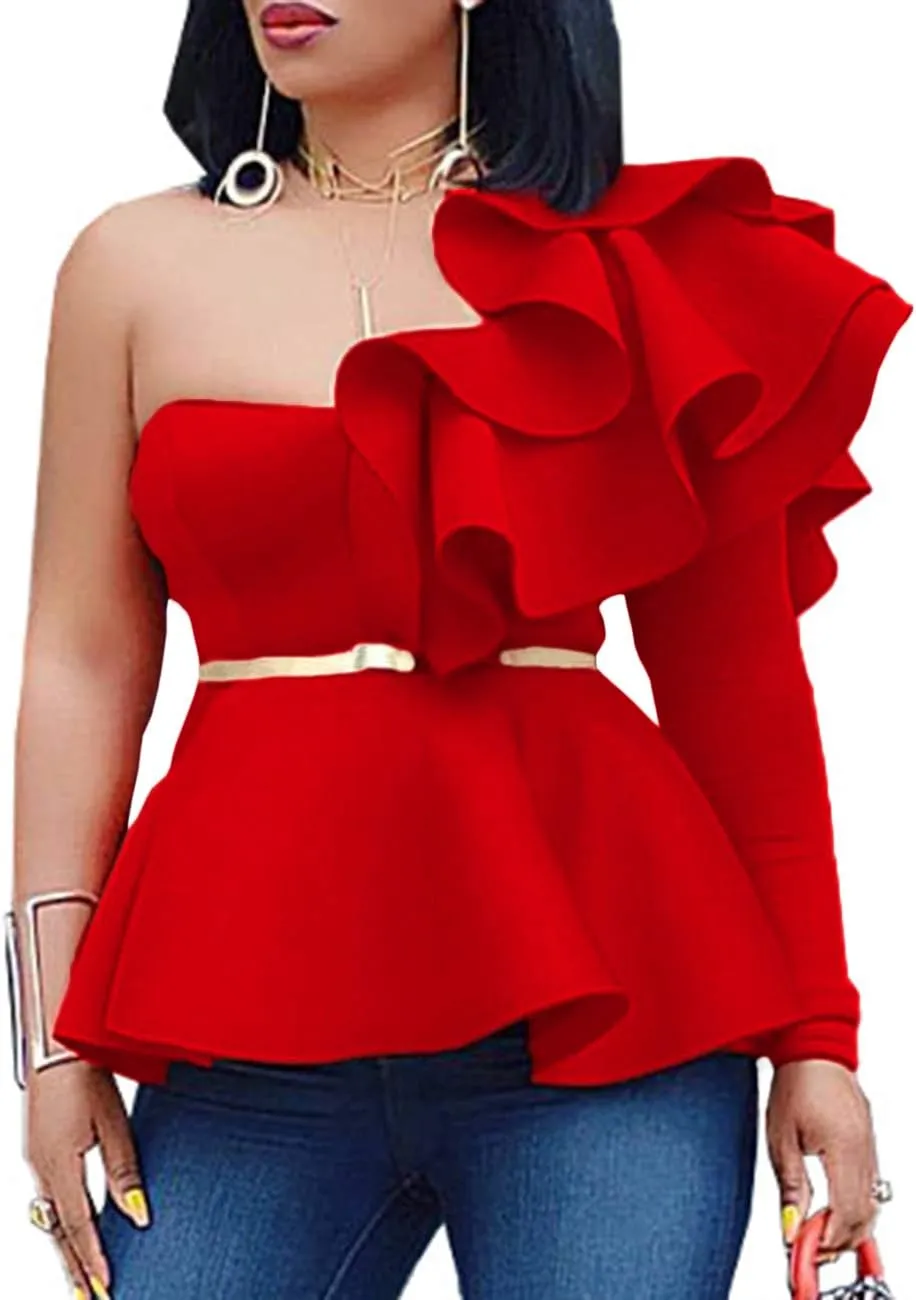 xxxiticat Women's Chic Ruffle Trim High Class Shirt Tops Tube Top Long Sleeve Peplum Bodycon Slim Fit One Shoulder Blouse