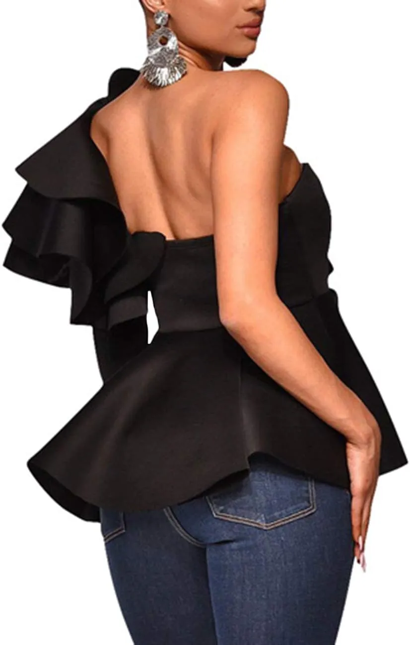 xxxiticat Women's Chic Ruffle Trim High Class Shirt Tops Tube Top Long Sleeve Peplum Bodycon Slim Fit One Shoulder Blouse