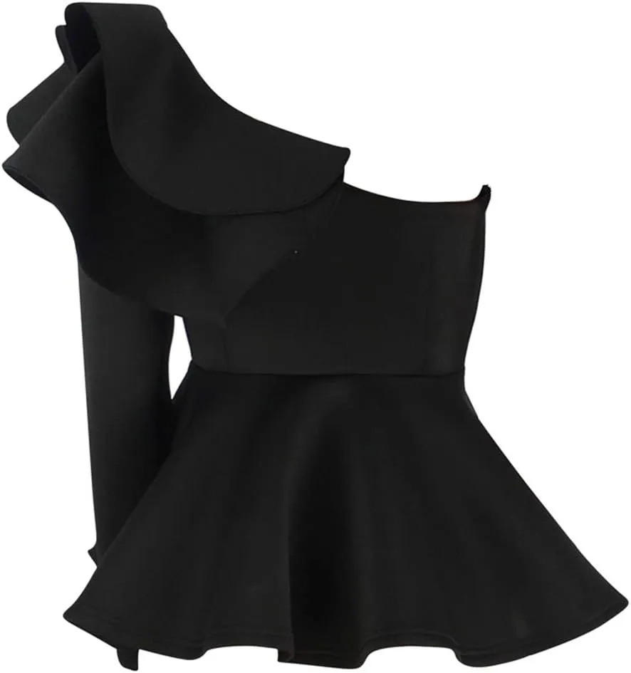 xxxiticat Women's Chic Ruffle Trim High Class Shirt Tops Tube Top Long Sleeve Peplum Bodycon Slim Fit One Shoulder Blouse