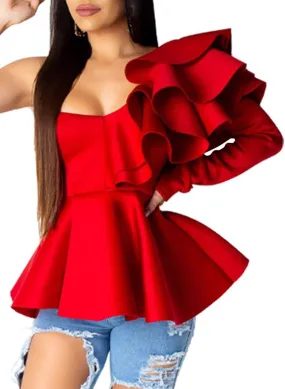 xxxiticat Women's Chic Ruffle Trim High Class Shirt Tops Tube Top Long Sleeve Peplum Bodycon Slim Fit One Shoulder Blouse