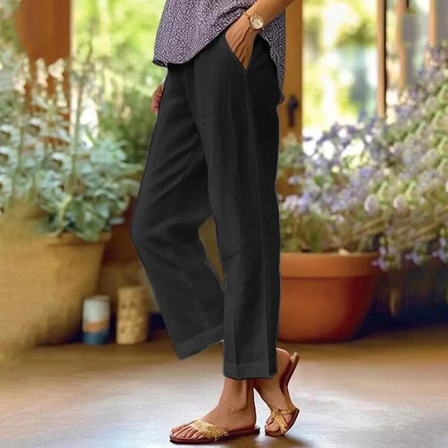 ZOCAVIA Womens Capris Pants Summer Cotton Linen High Waist Baggy Pants Comfy Casual Lightweight Trousers with Pockets